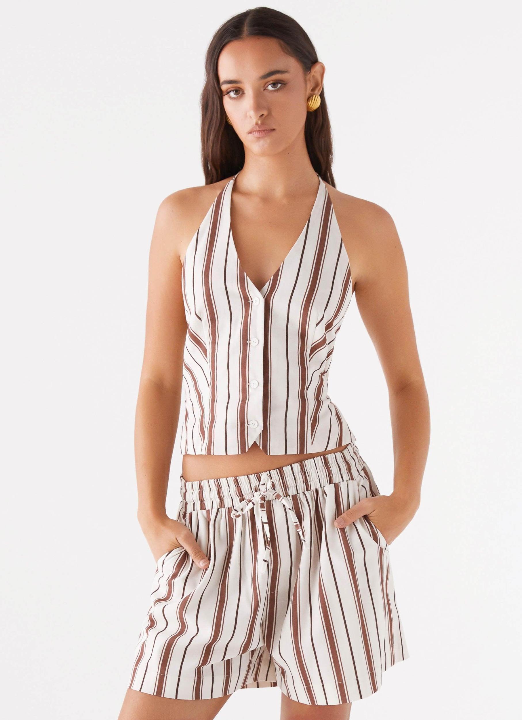Ellie Linen Halterneck Vest Top - Brown Stripe Product Image