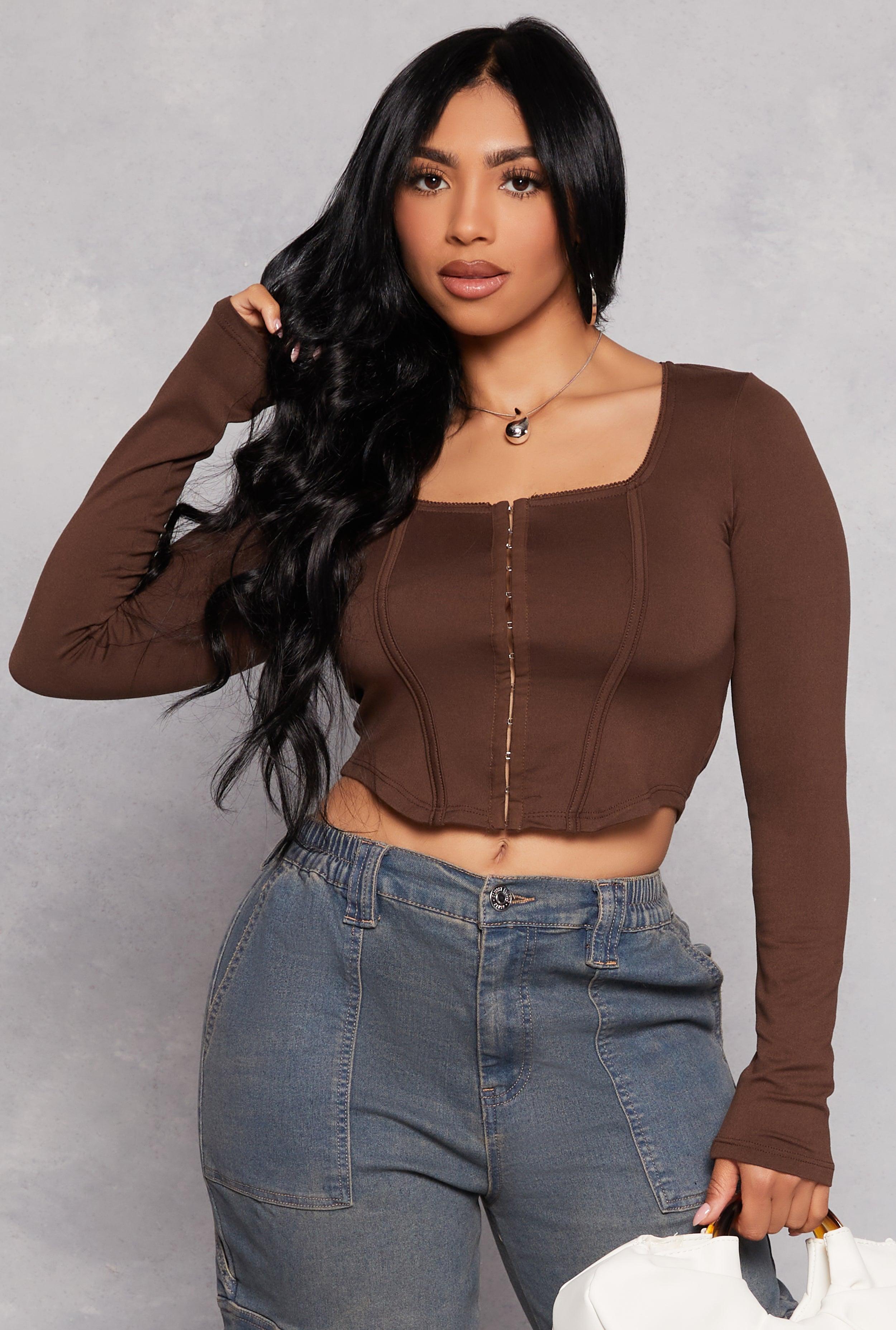 Womens Hook and Eye Long Sleeve Corset Top Product Image