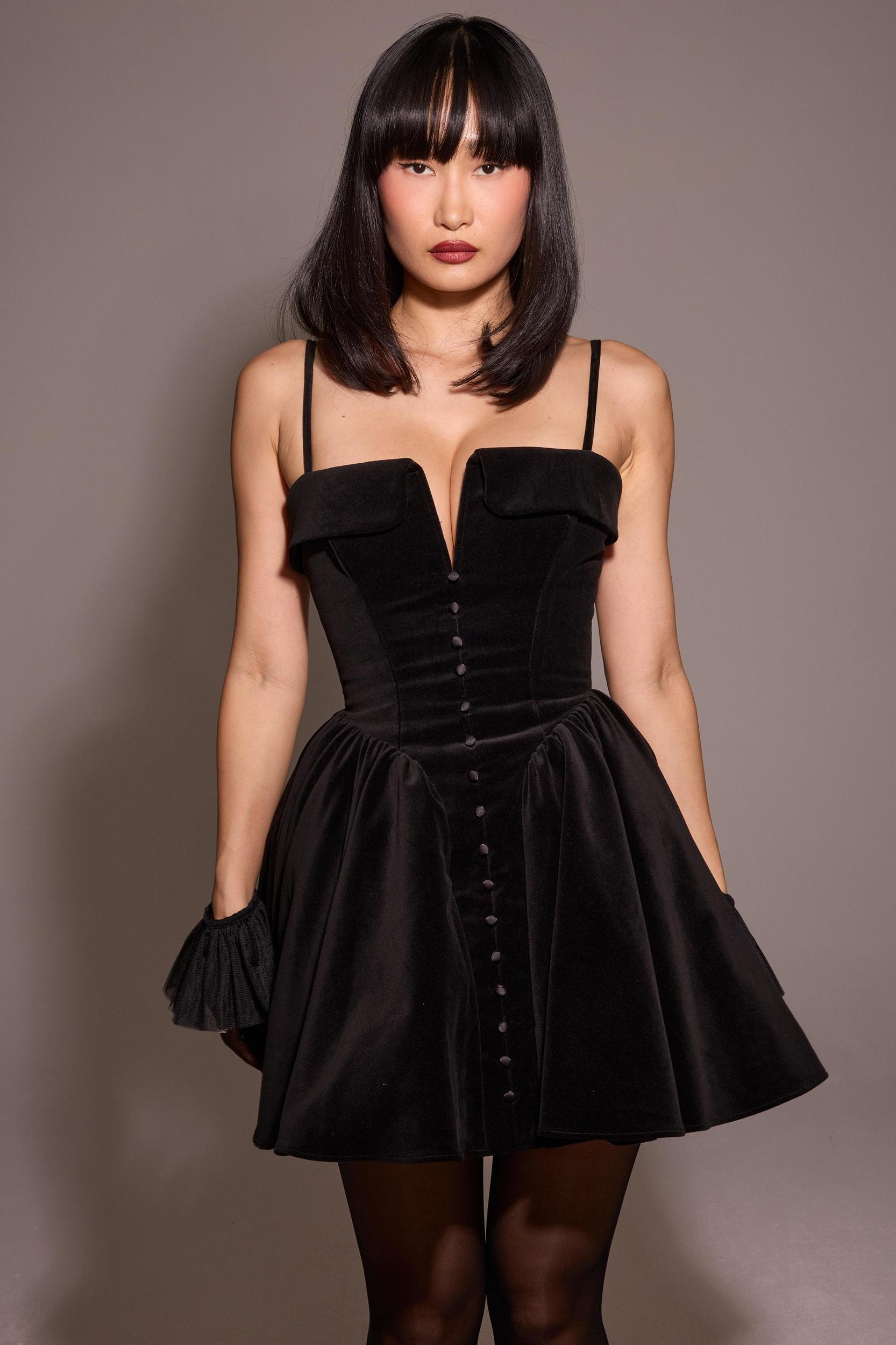 Selina  black velvet tulle mini dress Product Image