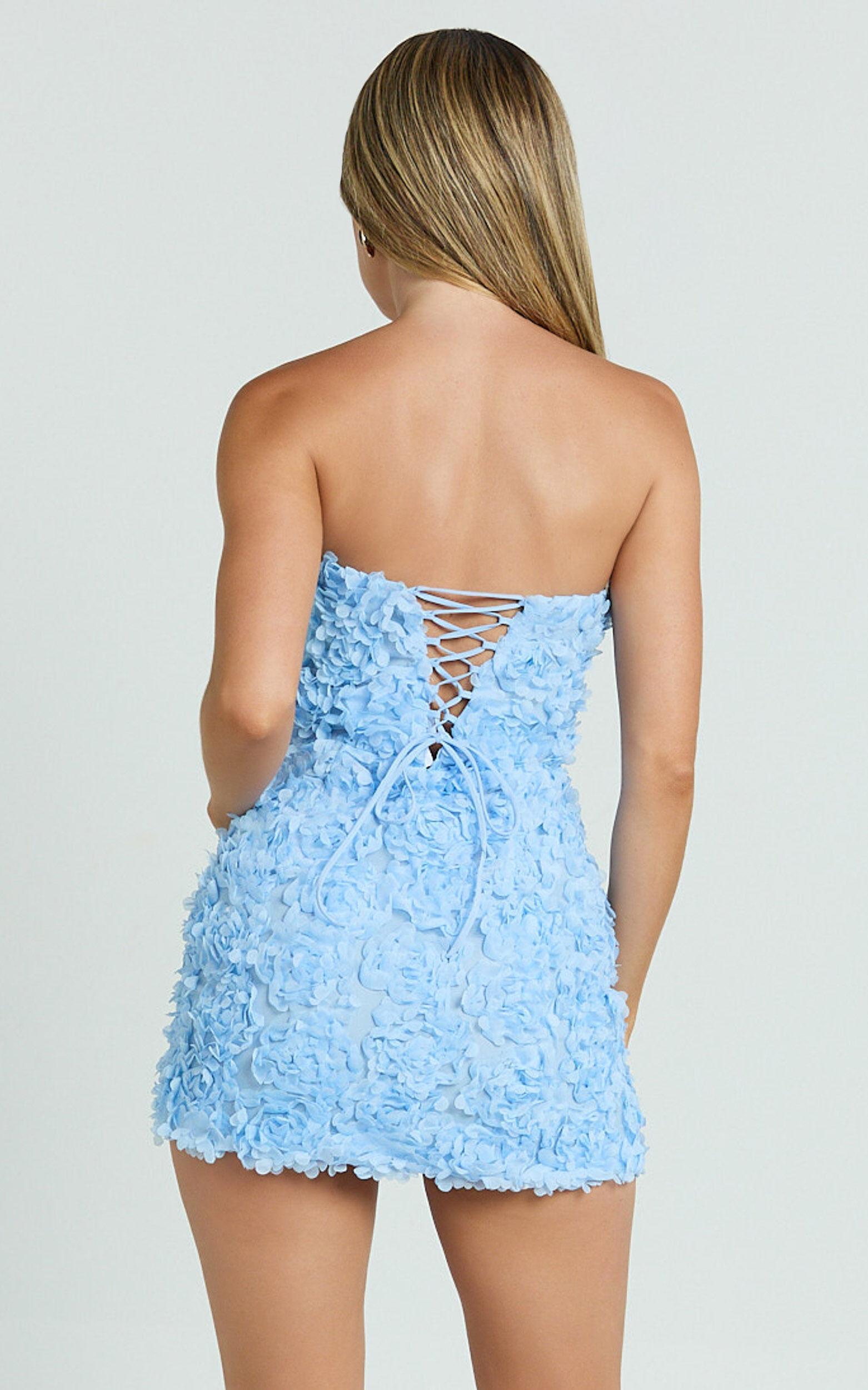 Cassia Mini Dress - Strapless 3D Floral Lace Up Back Dress in Pale Blue Product Image