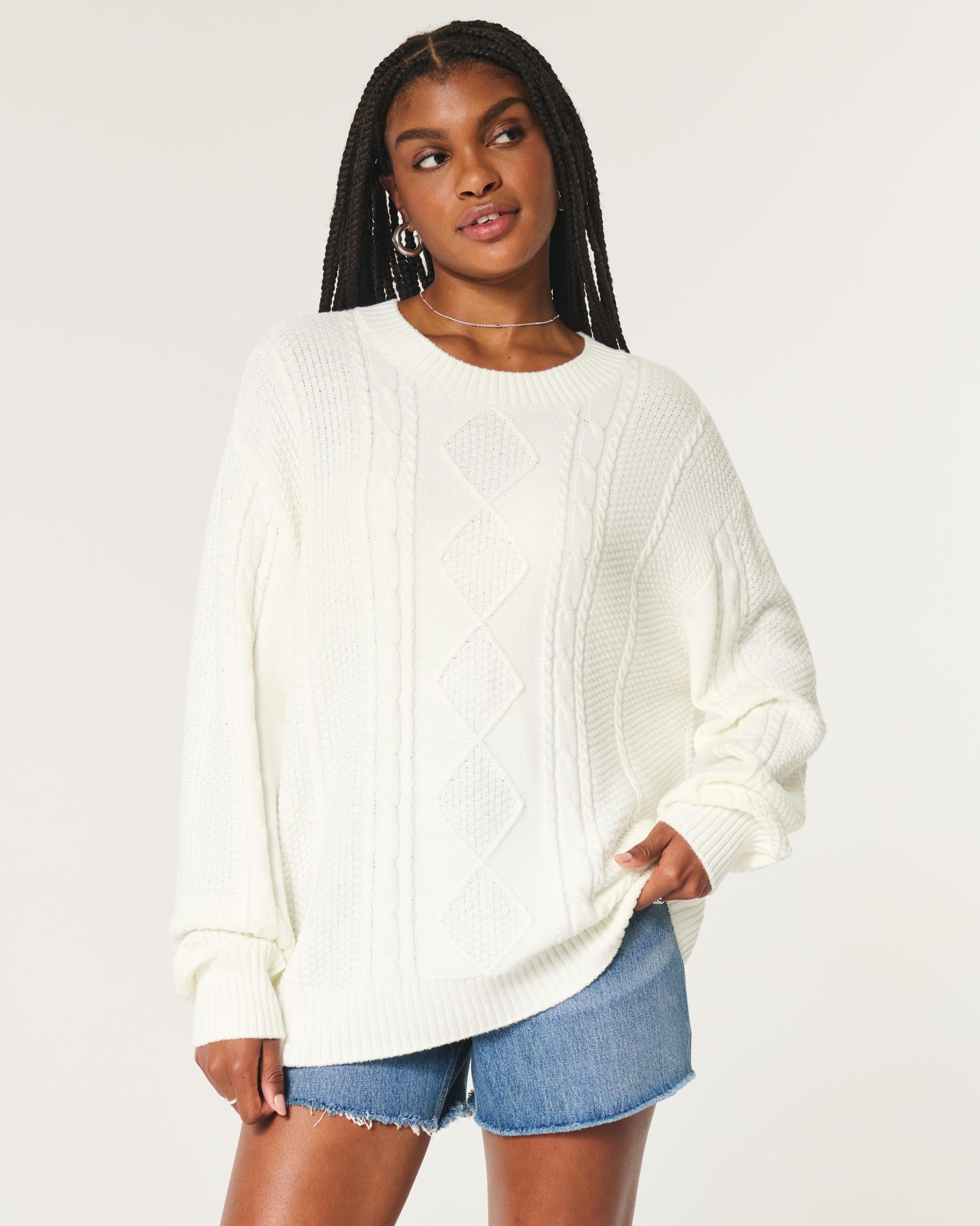 Oversized Cable-Knit Crew Sweater Product Image