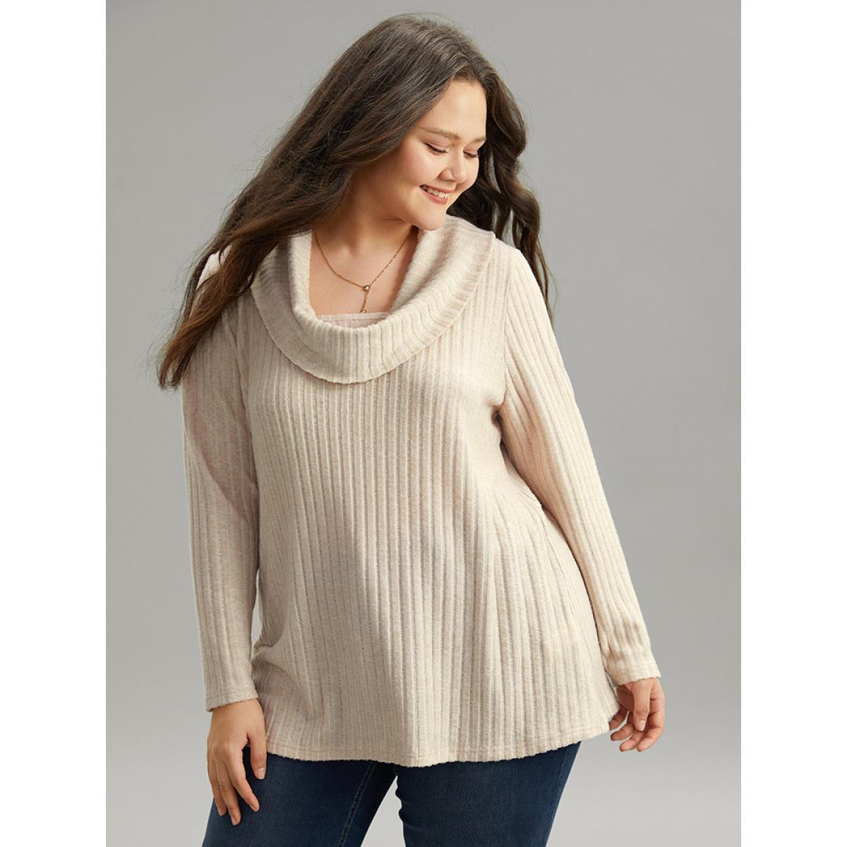 Plus Size Plain Rib Knit Cowl Neck T-shirt Apricot Women Elegant Texture Plain Ruffled collar Dailywear T-shirts BloomChic 10/M Product Image