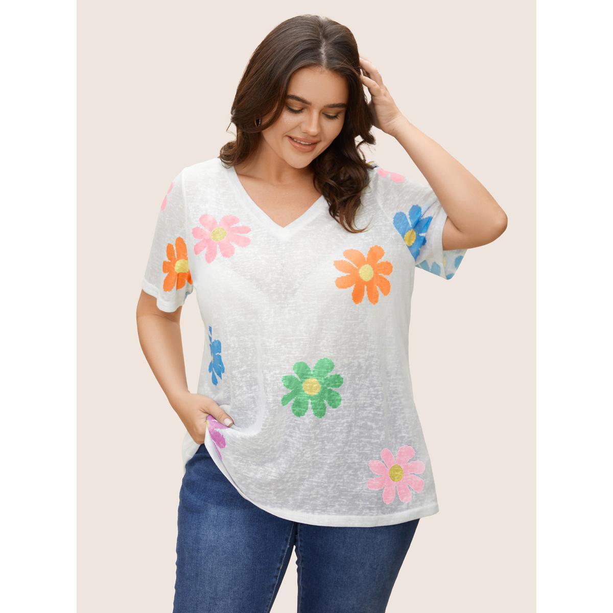 Plus Size Colored Floral V Neck See Through T-Shirt WhiteSmoke Women Casual See through Art&design V-neck Everyday T-shirts BloomChic 10/M Product Image