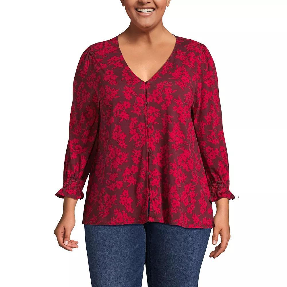 Plus Size Lands' End 3/4 Sleeve Lightweight Jersey Button Front Top, Women's, Size: 1XL, Deep  Blue Bloom Product Image