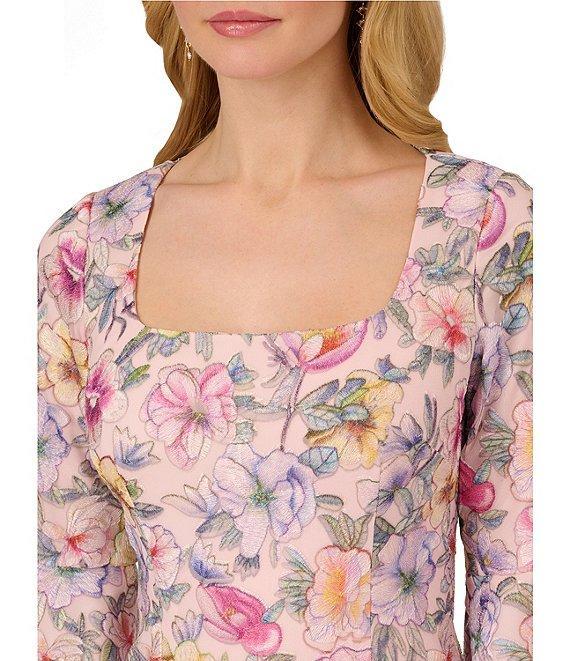 Adrianna Papell Square Neck Bell Sleeve Embroidered Floral Sheath Dress Product Image