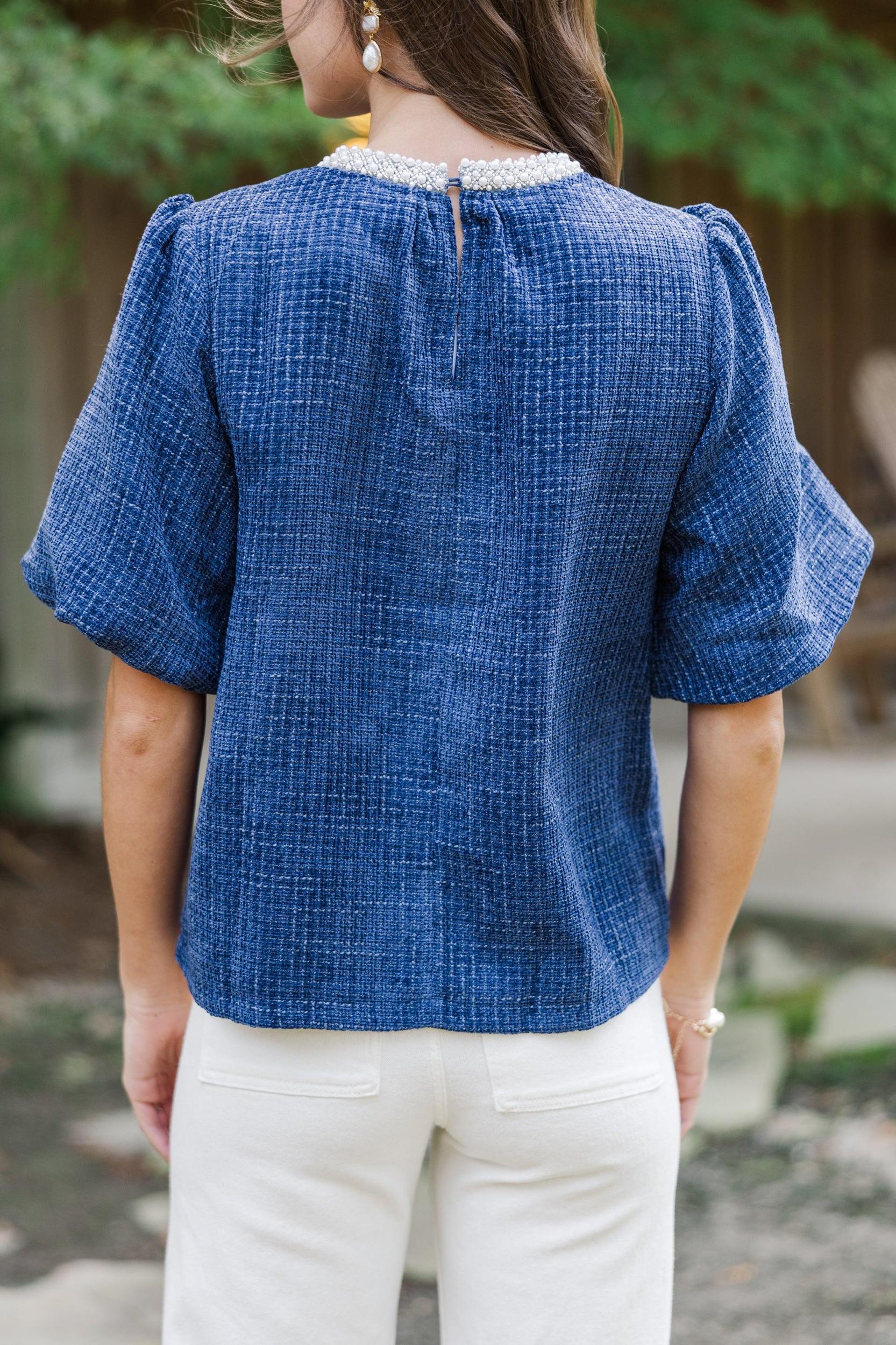 Calling On You Navy Blue Tweed Blouse Female Product Image