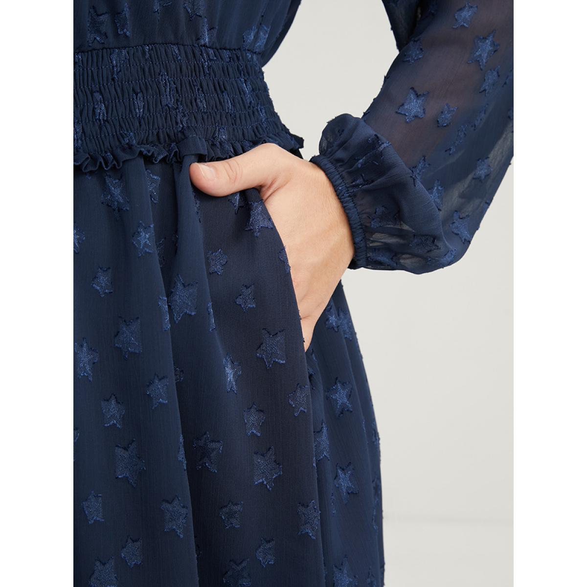 Plus Size Star Print Pocket Lantern Sleeve Shirred Chiffon Dress Navy Women Glamour Elastic Waist V-neck Long Sleeve Curvy Knee Dress BloomChic 12/L Product Image