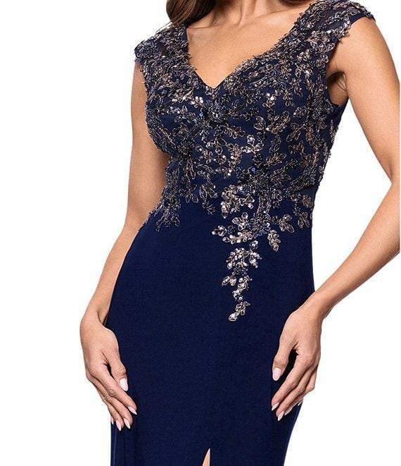 Xscape V-Neck Bead Bodice Front Slit Knit Jersey Sheath Gown Product Image