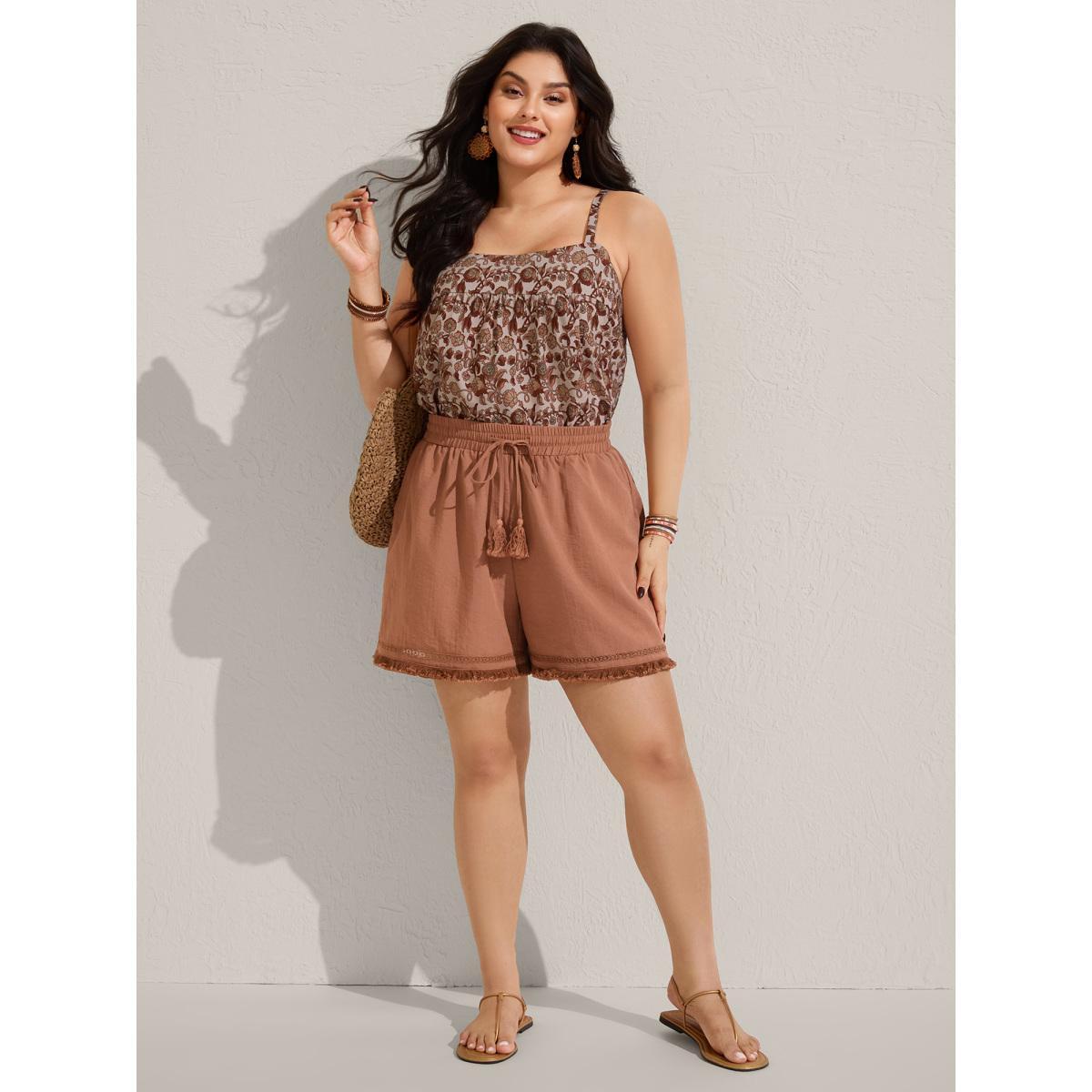 Plus Size Tassel Hem Solid Shorts Women Rust Resort Tassels Wide Leg Vacation Shorts BloomChic 10/M Product Image