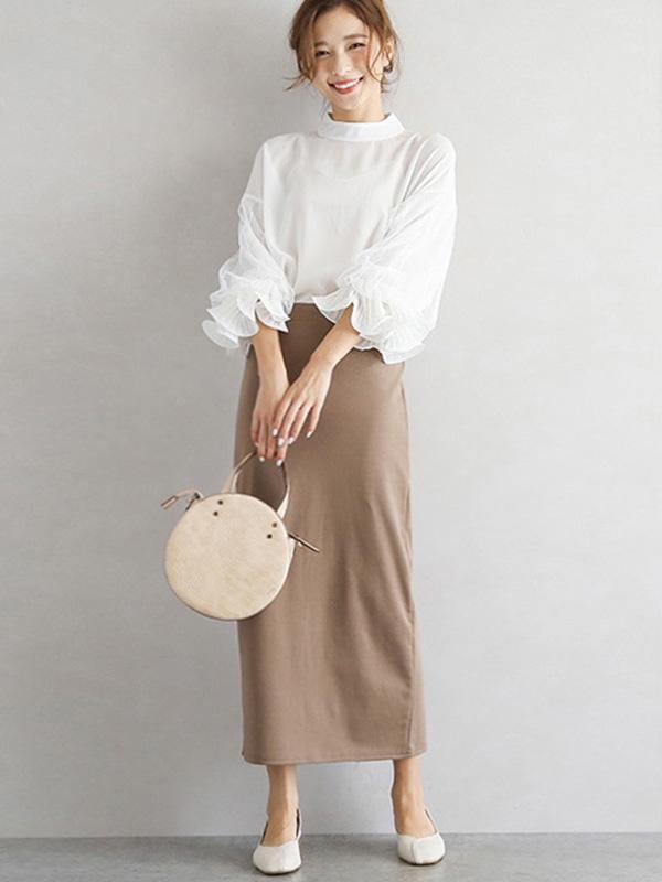 Simple Solid Color Puff Sleeve Mesh Splicing Chiffon Shirt Product Image