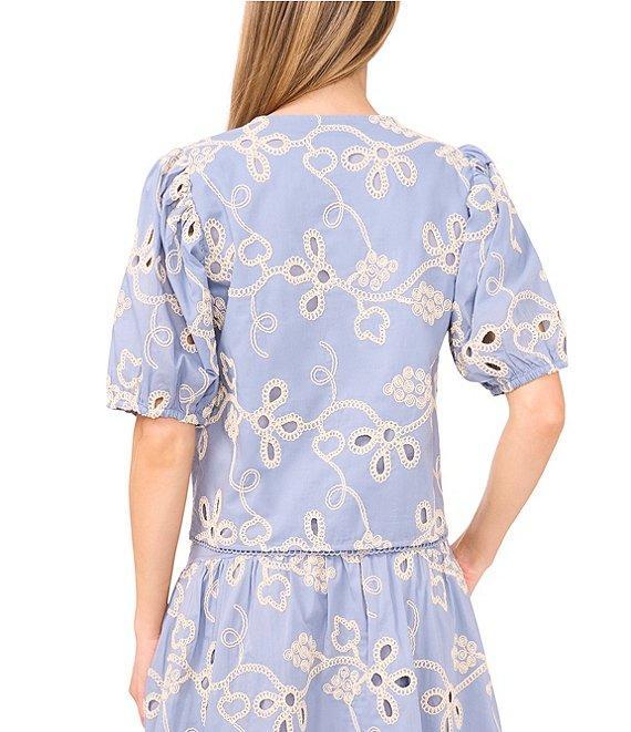 CeCe V-Neck Short Puff Sleeve Embroidered Tie Front Top Product Image
