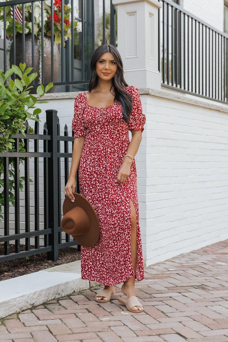 Wine Floral Print Smocked Maxi Dress - FINAL SALE Product Image