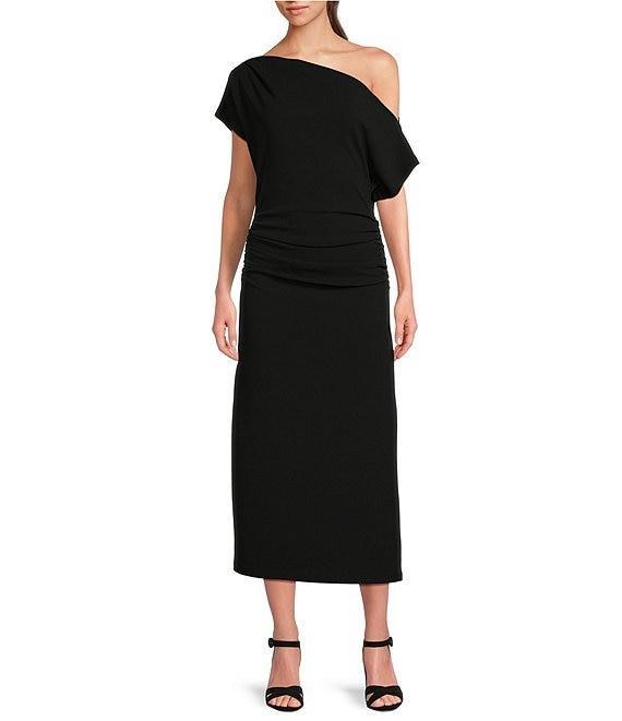 Gibson  Latimer Crepe Knit Asymmetric Neck One Shoulder Off-the-Shoulder Short Sleeve Ruched Sheath Midi Dress Product Image