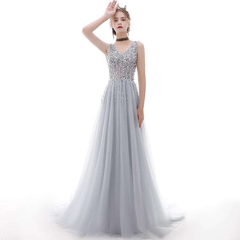 V-Neck Sleeveless Sequined Panel Mesh Evening Gown Product Image