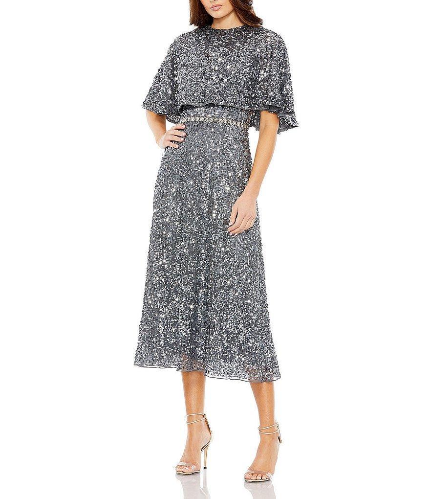 Mac Duggal Sequin Crew Neck Short Sleeve Cape Back Midi Dress Product Image
