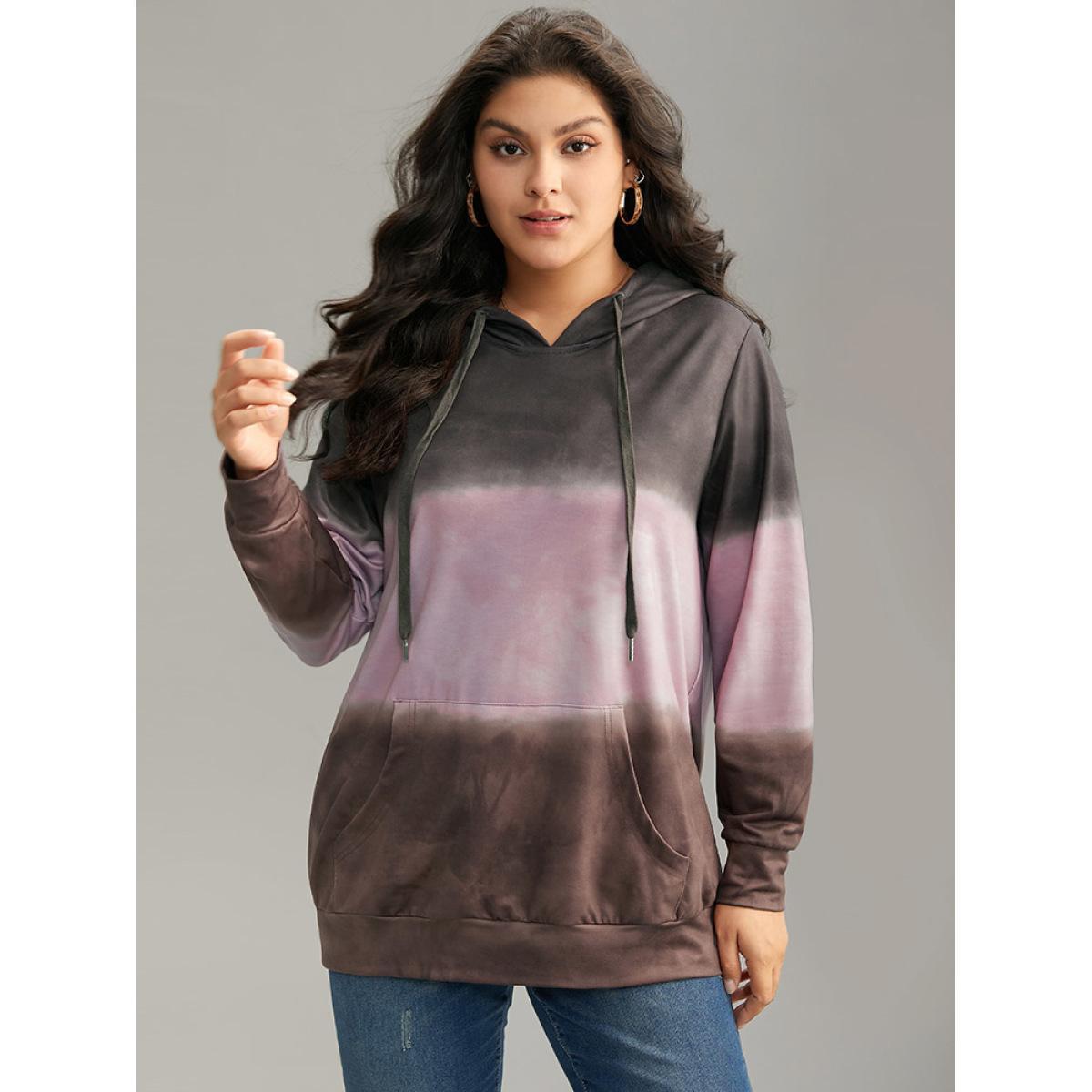 Plus Size Tie Dye Contrast Kangaroo Pocket Sweatshirt Women Multicolor Casual Contrast Hooded Dailywear Sweatshirts BloomChic 10/M Product Image