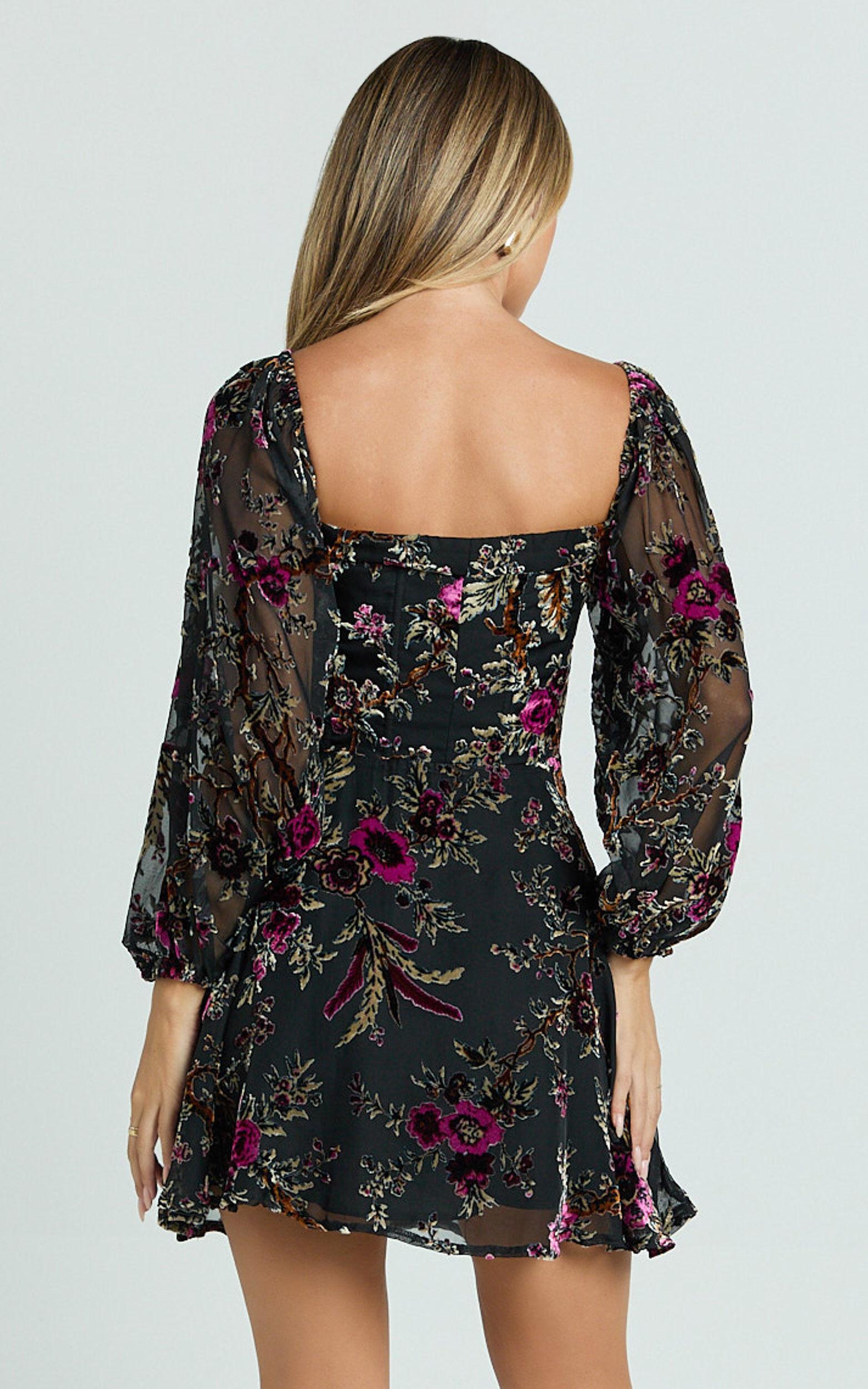 Jessell Mini Dress - Long Sleeve Cowl Corset Dress in Black Floral Product Image