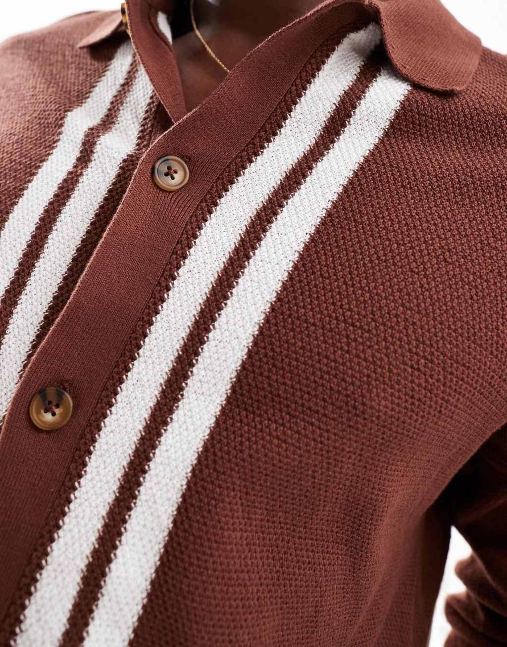 ASOS DESIGN relaxed knit button through polo in brown texture with border Product Image