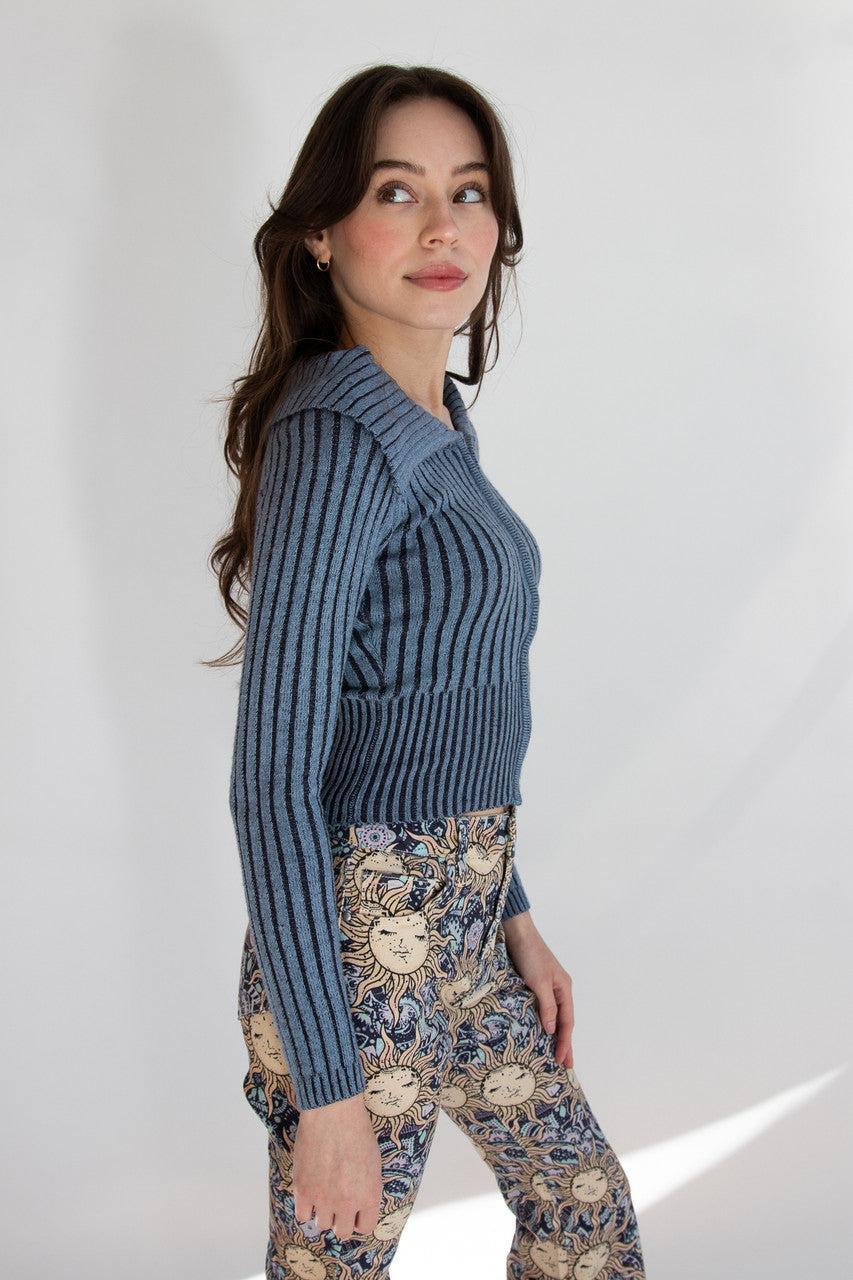 Fold Over Collar Ribbed Zip Up Sweater Product Image