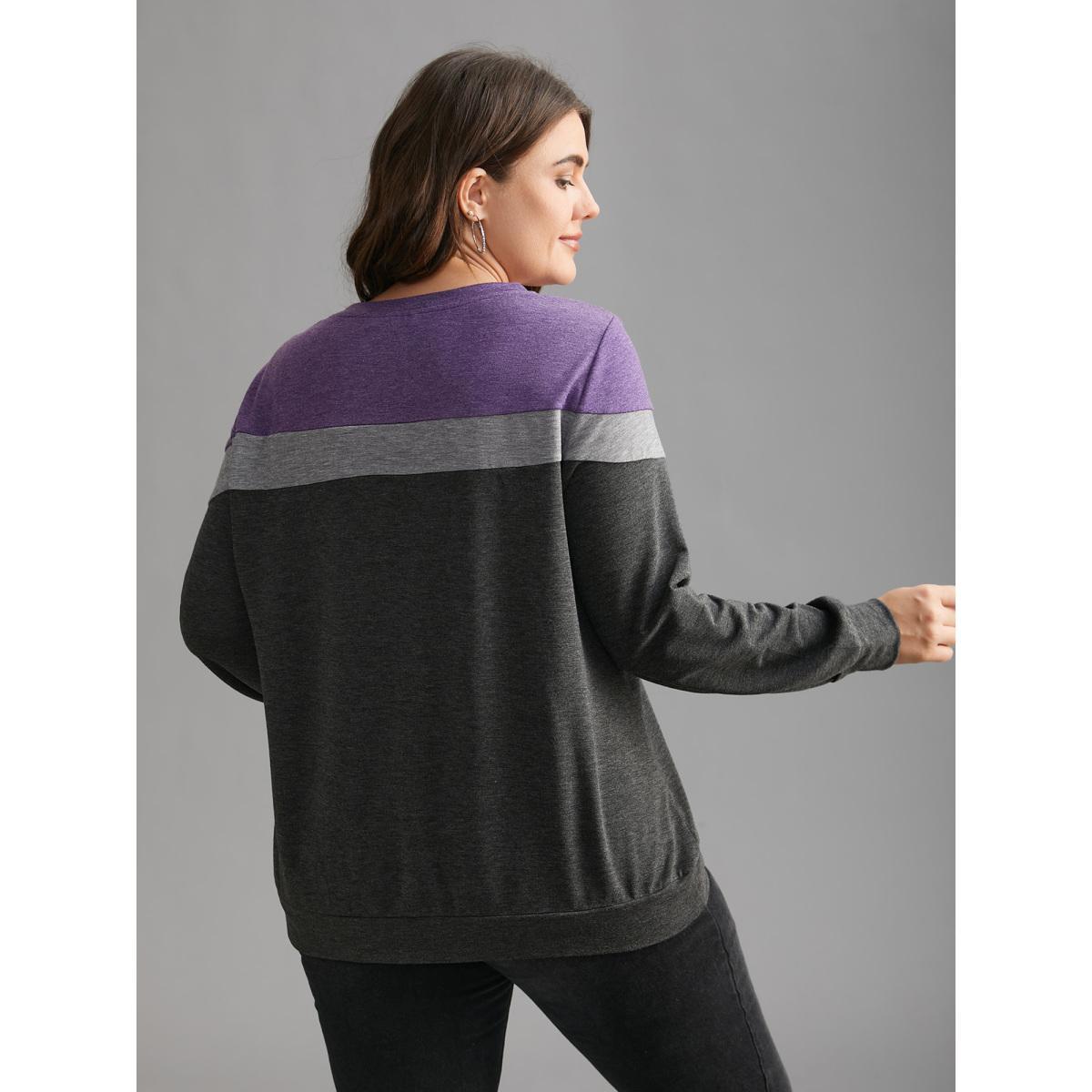 Plus Size Colorblock Contrast Round Neck Sweatshirt Women DimGray Casual Contrast Loose Round Neck Everyday Sweatshirts BloomChic 10/M Product Image