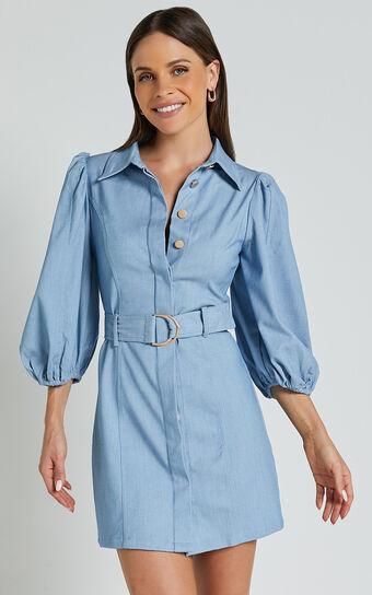 Aubrie Mini Dress - Blouson Sleeve Button Through Belted Dress in Light Blue Product Image