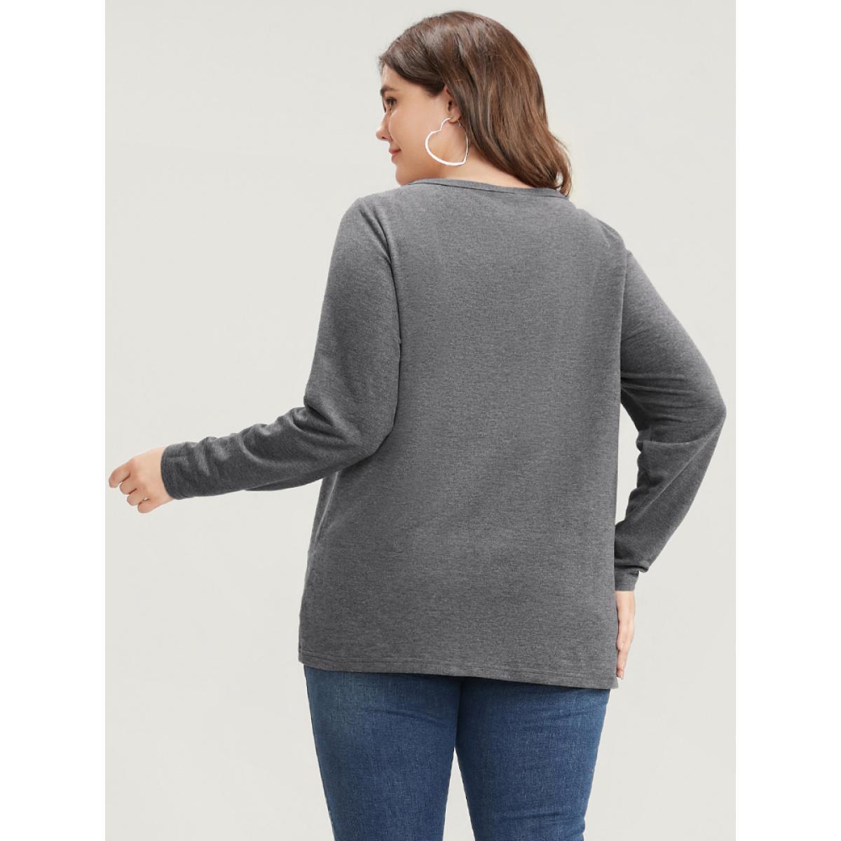 Plus Size Solid Crew Neck Button Detail Long Tee Gray Women Casual Button Plain Round Neck Dailywear T-shirts BloomChic 14-16/1X Product Image