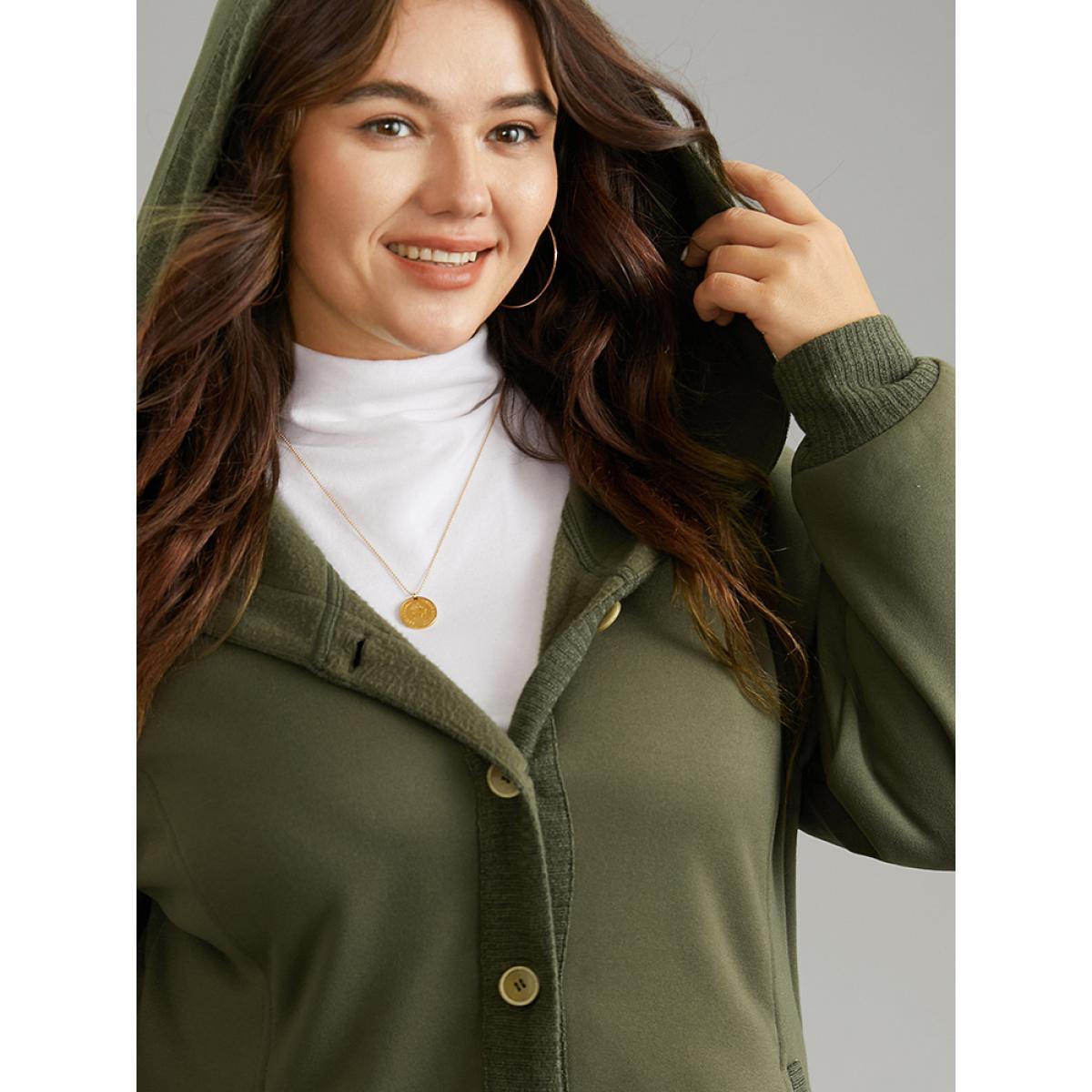 Plus Size Patchwork Rib Knit Hooded Button Up Jacket Women ArmyGreen Rib Knit Pocket Dailywear Jackets BloomChic 30/6X Product Image