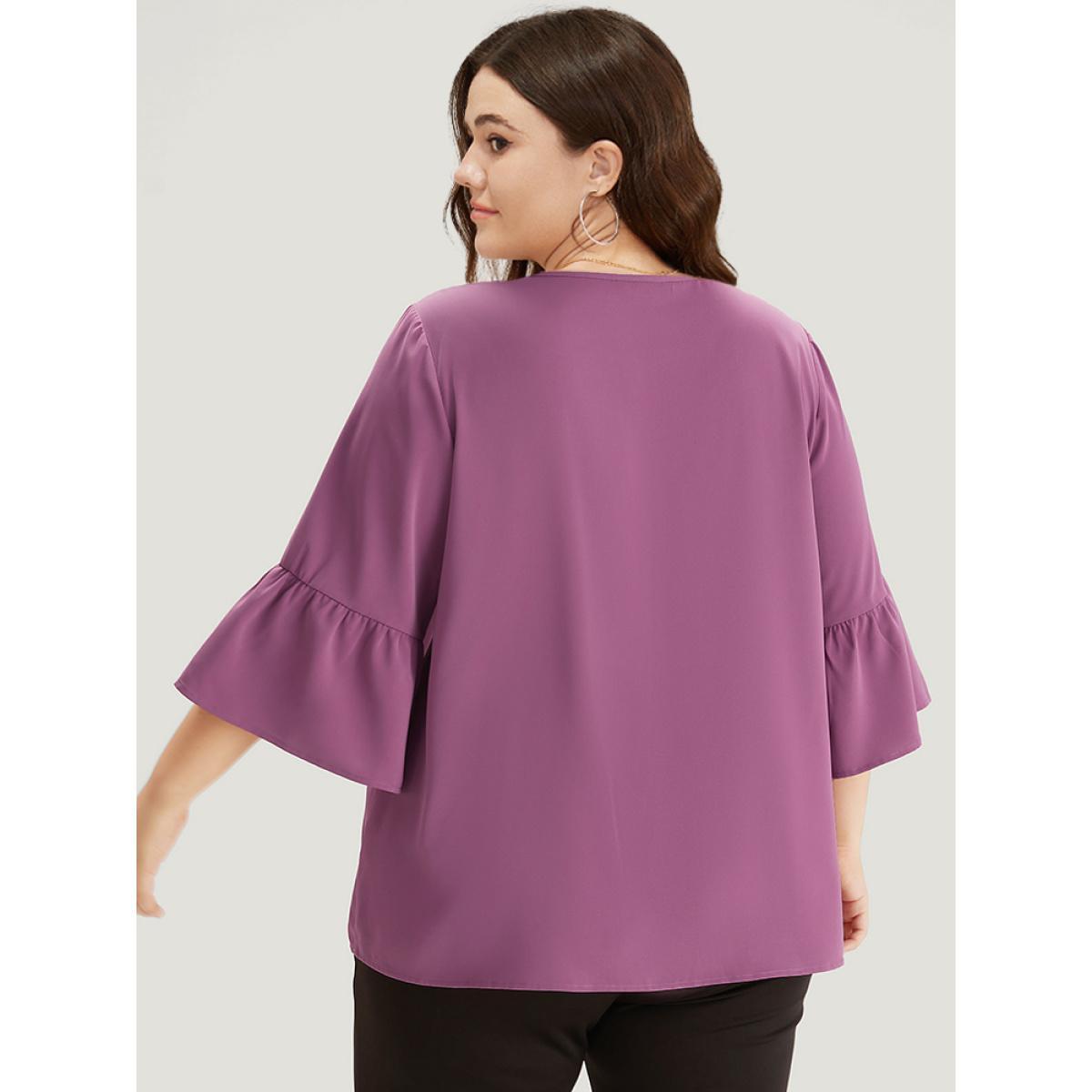 Plus Size Mauve Plain Keyhole Bell Sleeve Button Detail Blouse Women Office Elbow-length sleeve V-neck Work Blouses BloomChic 14-16/1X Product Image