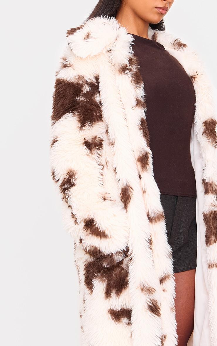 Cream Cow Print Shaggy Faux Fur Maxi Coat Product Image