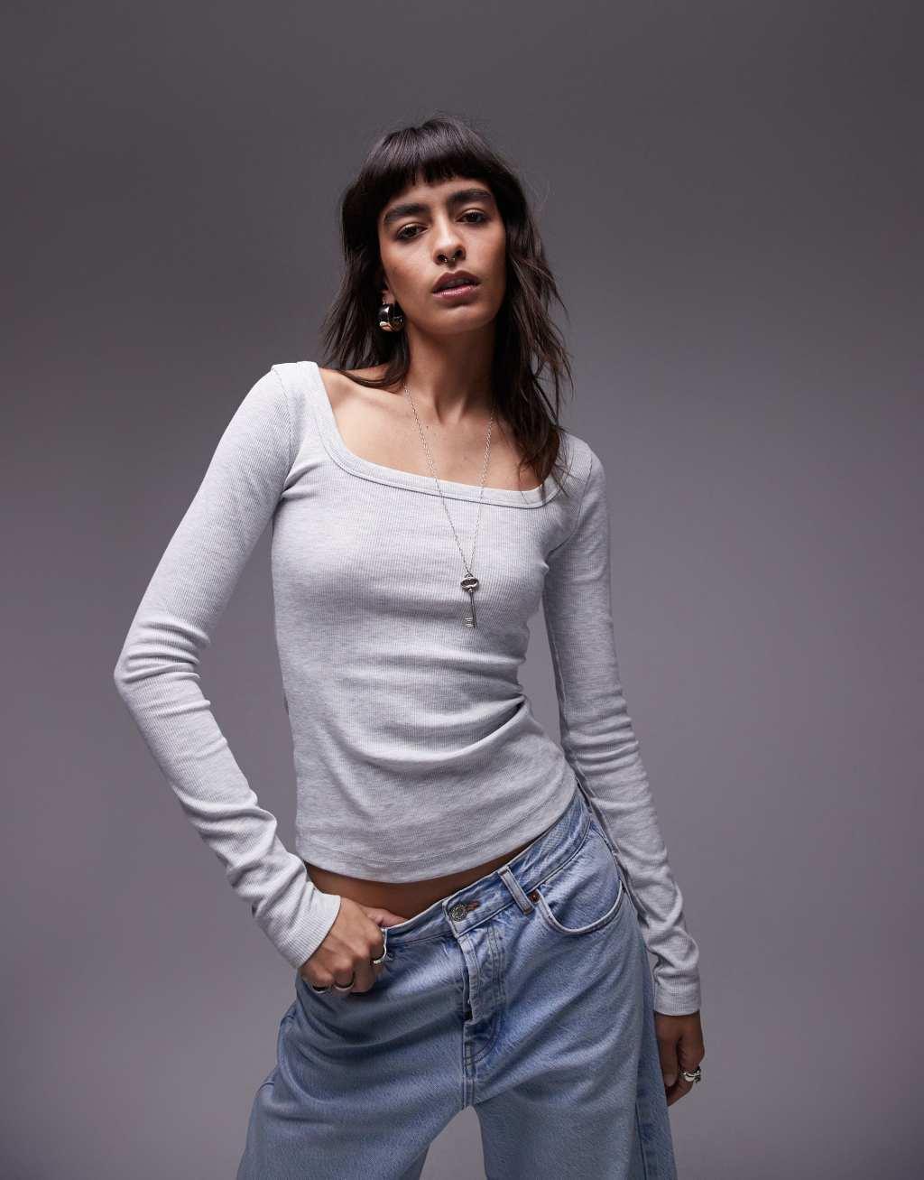 Topshop square neck long sleeve top in gray heather Product Image