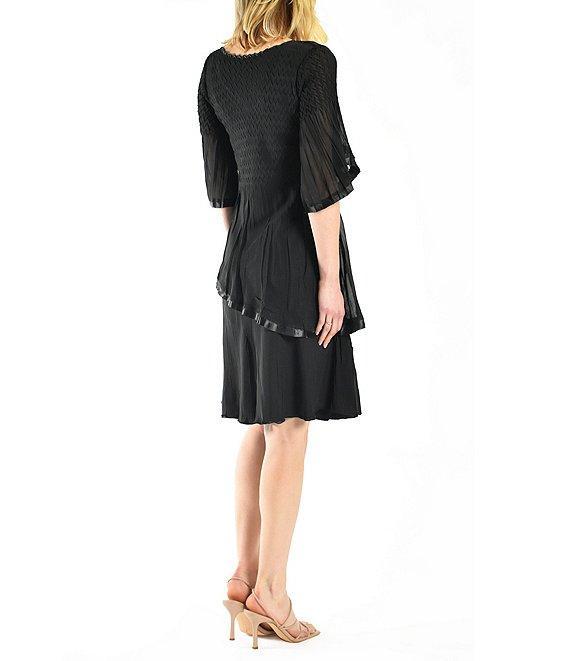 Komarov Chiffon Charmeuse Accordion Pleated V-Neck Elbow Sleeve Asymmetrical Tiered Dress Product Image