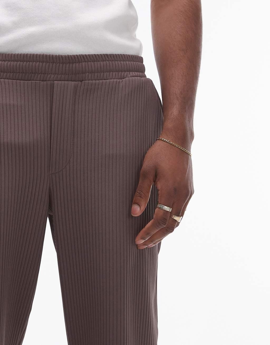 Topman wide leg plisse pants in brown - part of a set Product Image