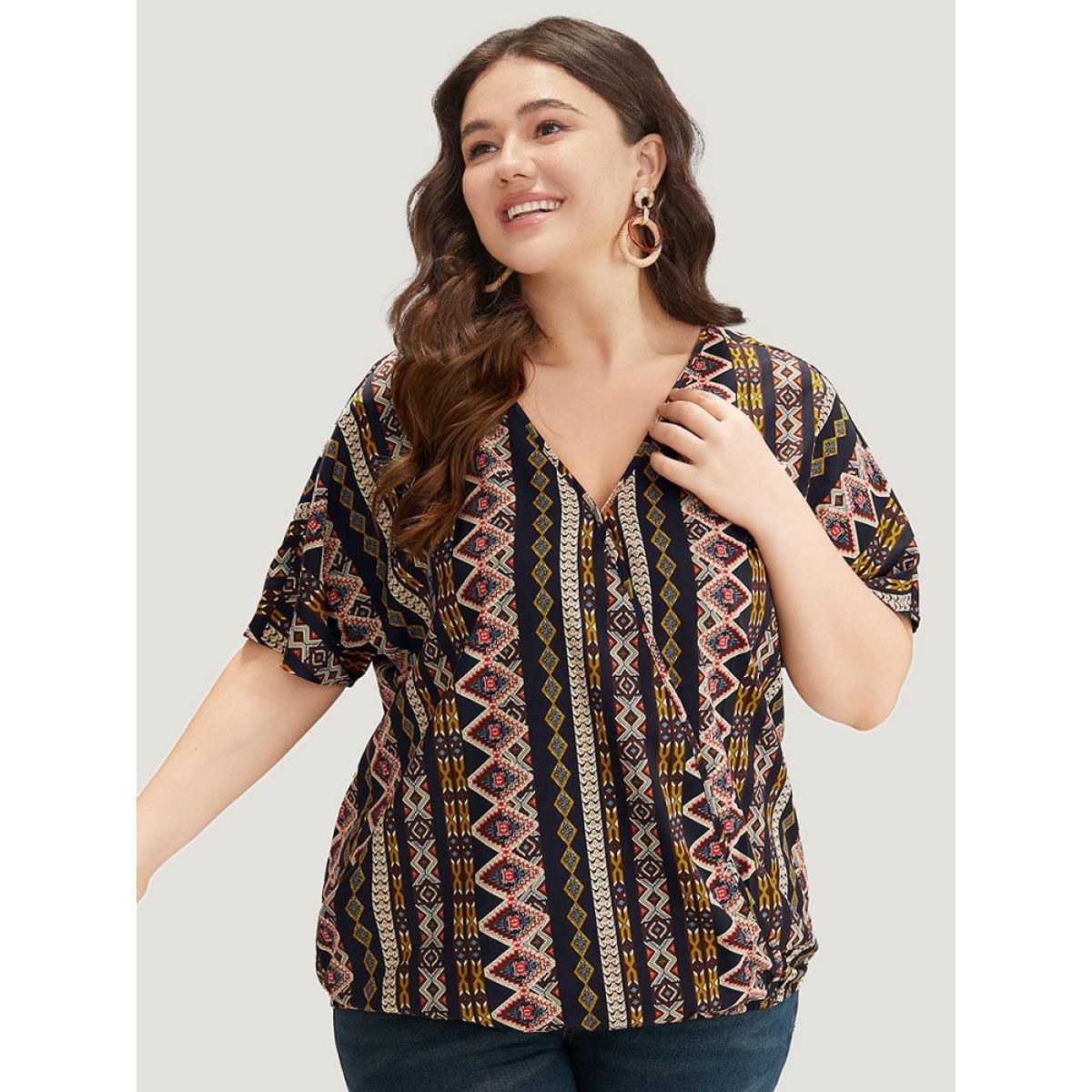 Plus Size Indigo Boho Print V Neck Wrap Blouse Women Vacation Short sleeve V-neck Dailywear Blouses BloomChic 30/6X Product Image
