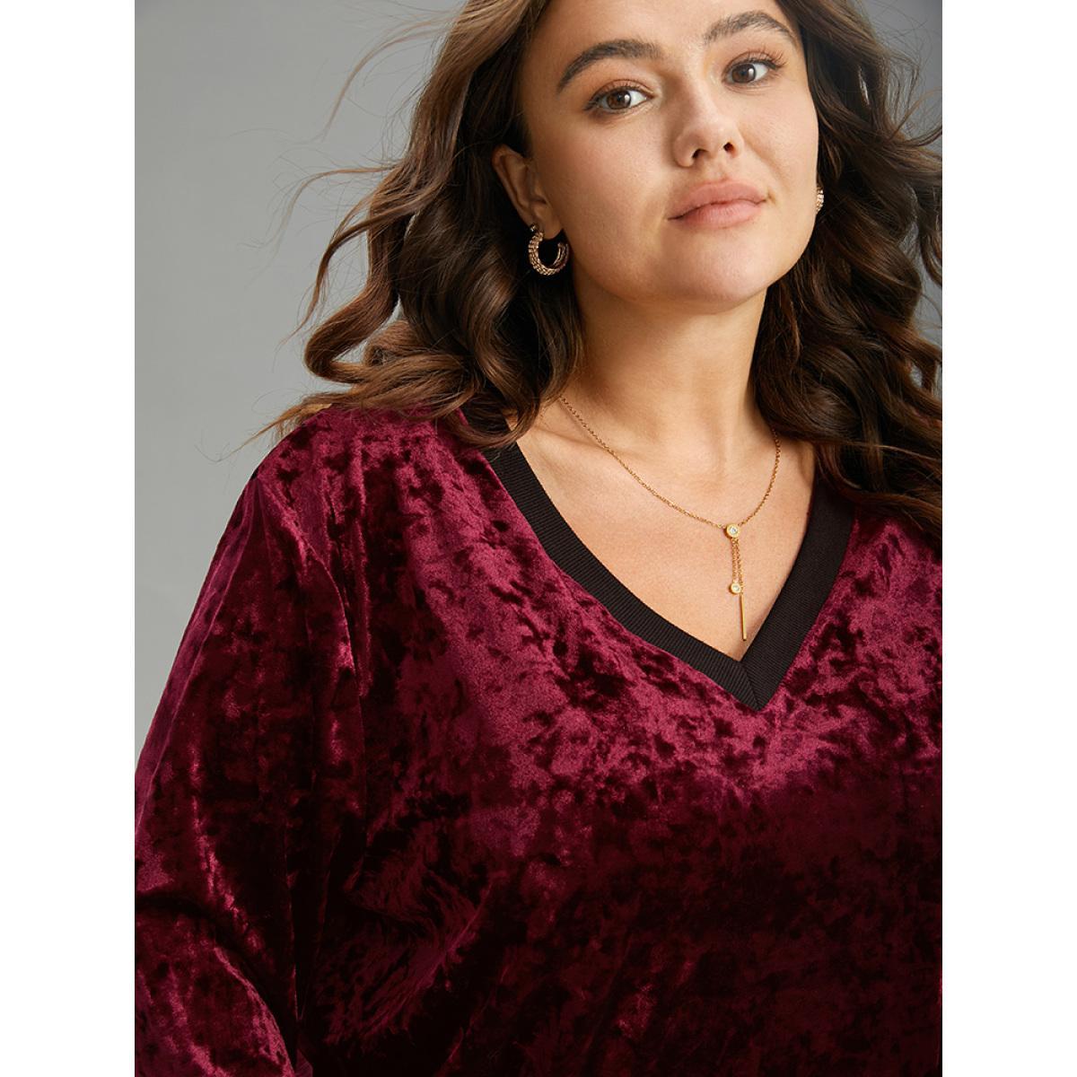 Plus Size Velvet Contrast V Neck Rib Knit Sweatshirt Women Raspberry Casual Velvet V-neck Festival-Christmas Sweatshirts BloomChic 12/L Product Image