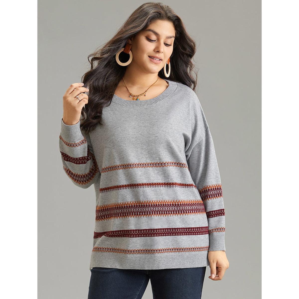 Plus Size Supersoft Essentials Anti-Pilling Bandana Striped Pullover Silver Women Casual Loose Long Sleeve Round Neck Dailywear Pullovers BloomChic 14-16/1X Product Image