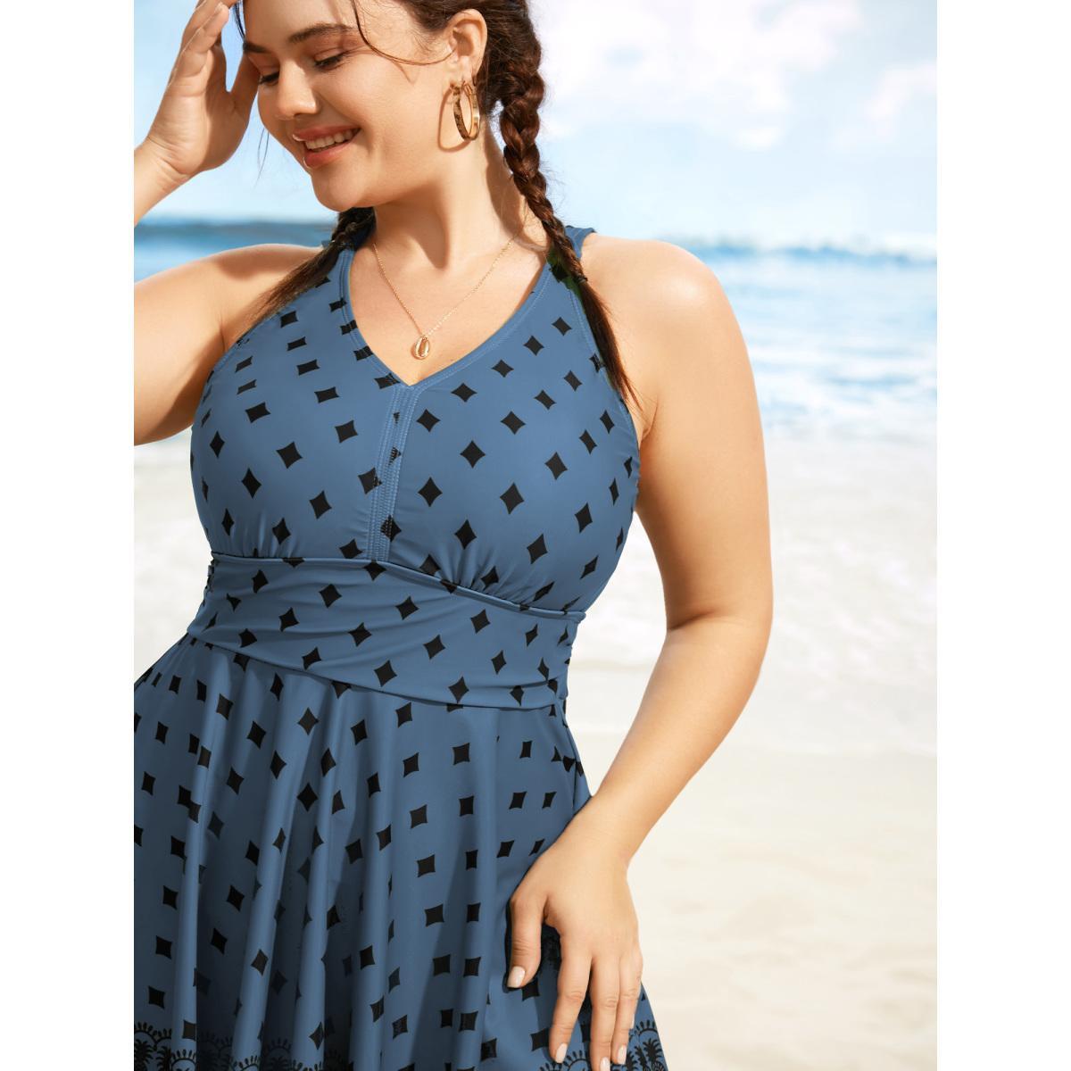 Plus Size V Neck Bandana Print Tie Knot Swim Dress Women's Swimwear Stone Beach Bodycon V-neck High stretch Curve Swim Dresses BloomChic 28/5X Product Image