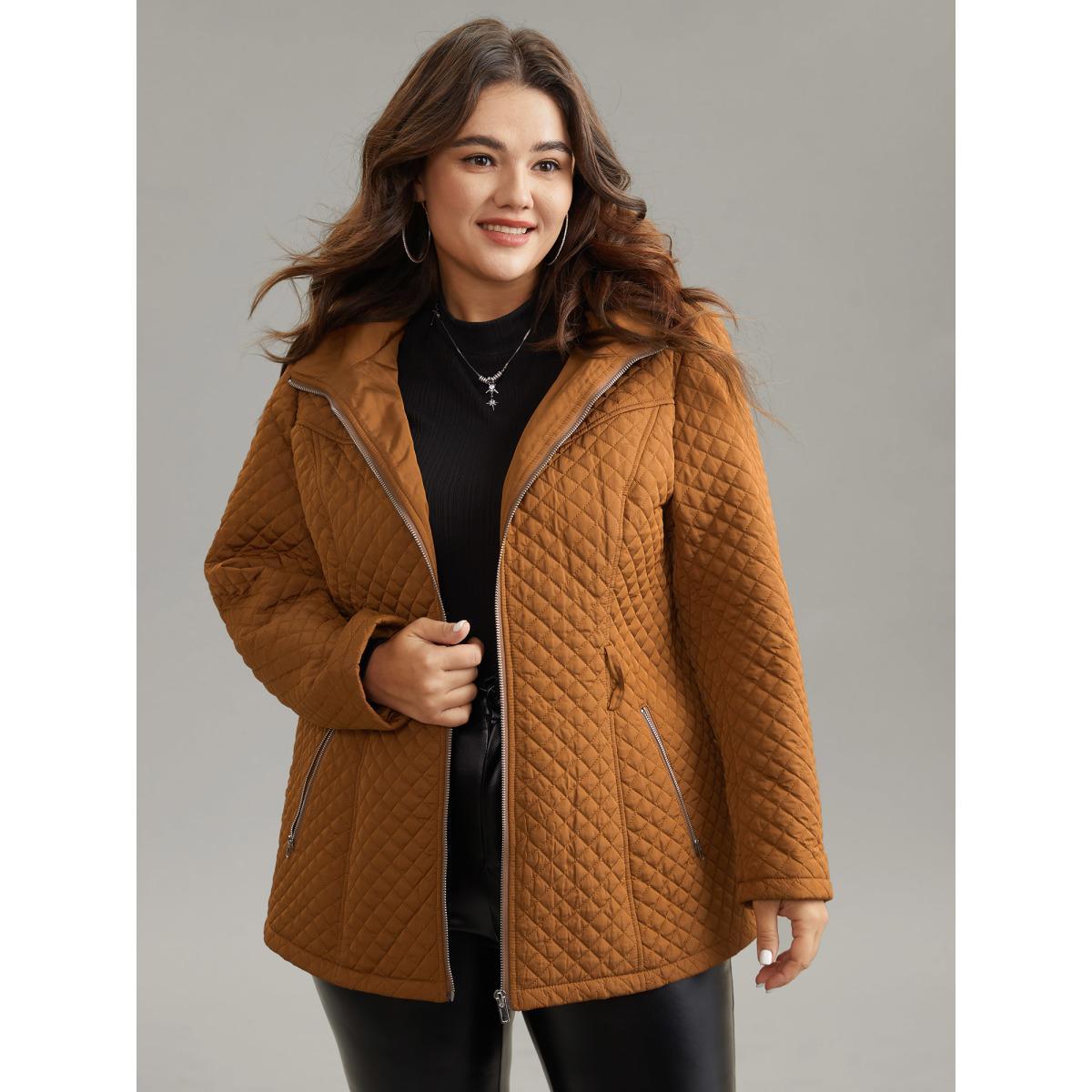 Plus Size Women Dailywear Plain Quilting No stretch Bodycon 14-16/1X Pocket Belt Elegant Cotton Jackets BloomChic Product Image