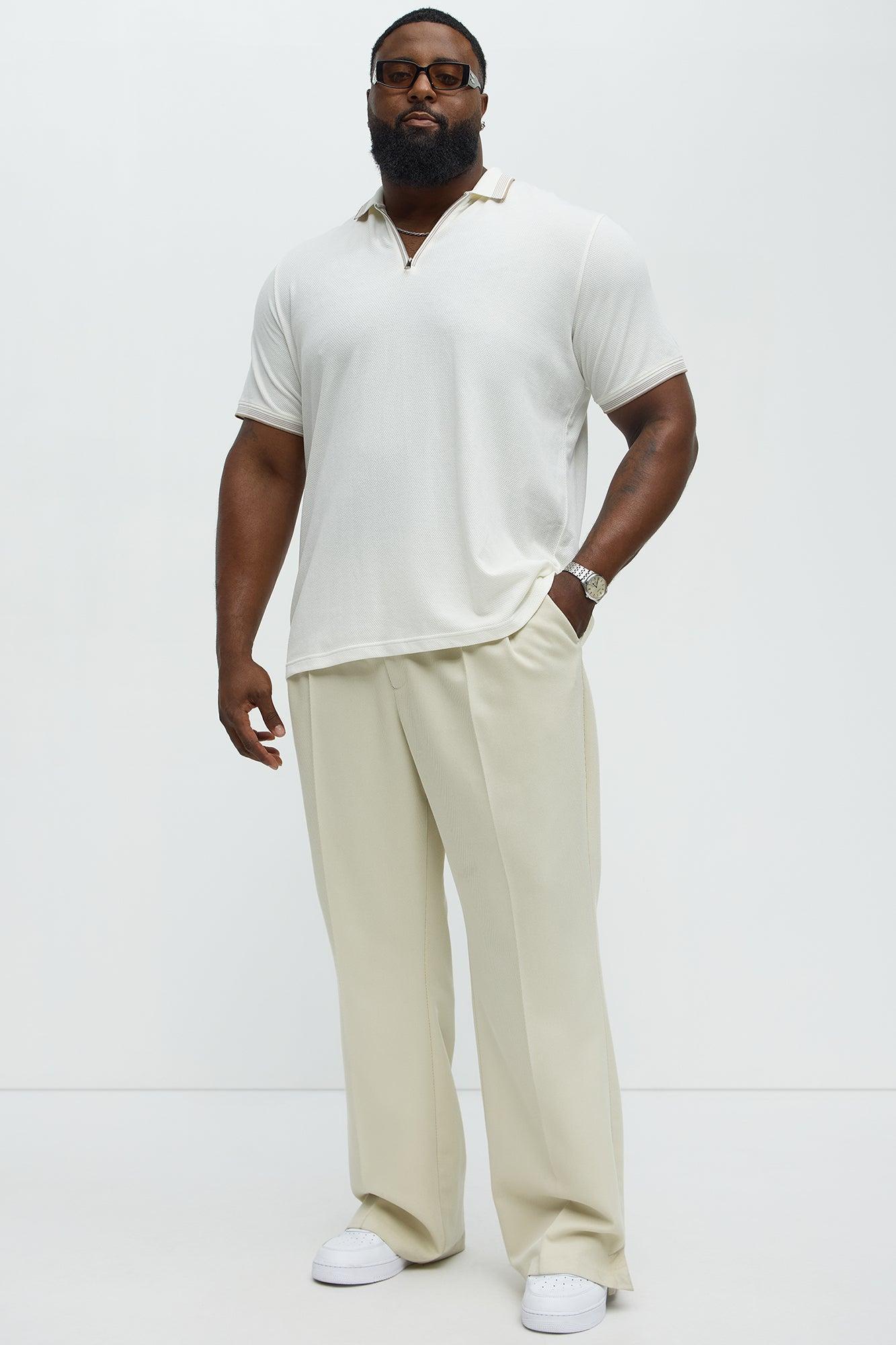 Striped Zip Collar Textured Polo - Off White Product Image