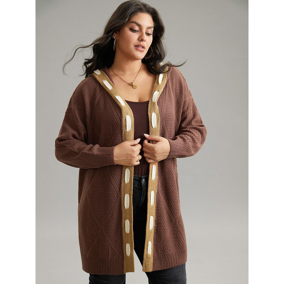 Plus Size Contrast Hooded Tunic Open Front Cardigan DarkBrown Women Casual Loose Long Sleeve Dailywear Cardigans BloomChic 18-20/2X Product Image