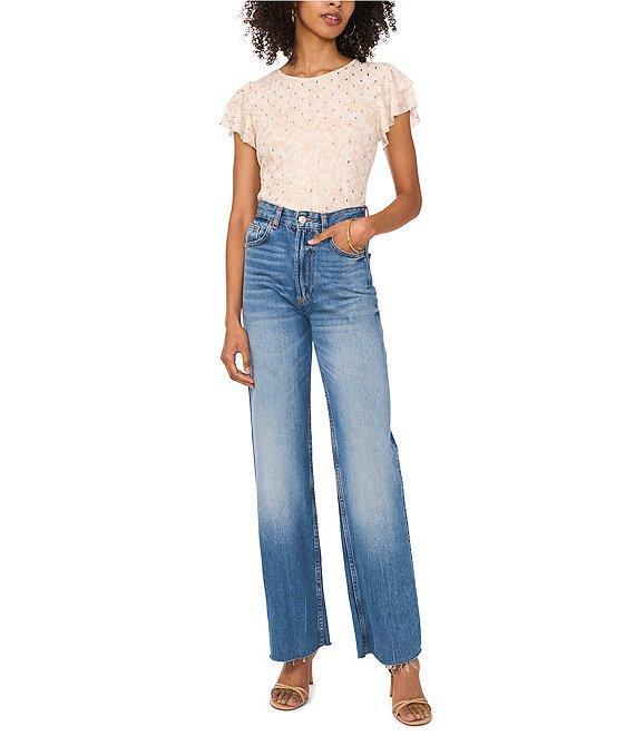 Vince Camuto Metallic Mesh Knit Round Neck Ruffle Short Sleeve Blouse Product Image