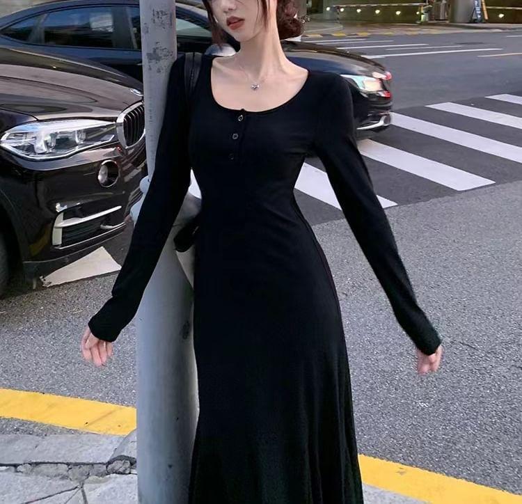 Long-Sleeve Henley Plain Midi  Mermaid Dress Product Image
