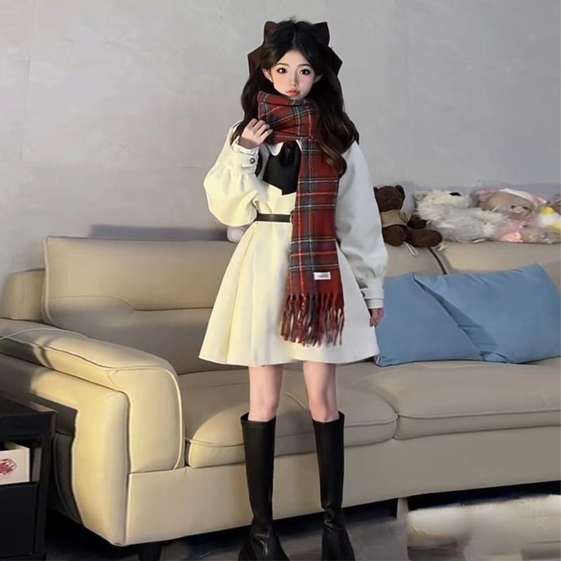 Long-Sleeve Plain Mini A-Line Pleated Coat Dress Product Image