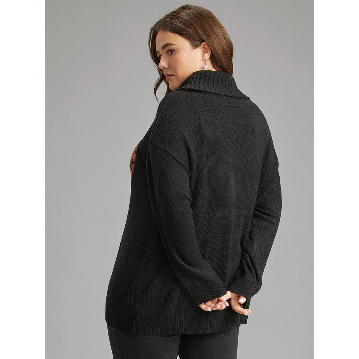 Plus Size Hreat Print Contrast Turtle Neck Pullover Black Women Casual Loose Long Sleeve Lapel Collar Dailywear Pullovers BloomChic 18-20/2X Product Image