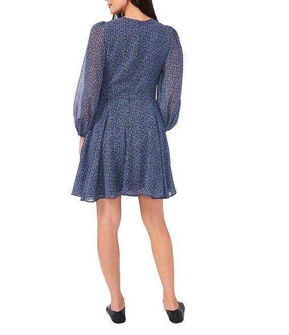 1. STATE Ditsy Floral Print V-Neck Sheer Blouson Long Sleeve Dress Product Image