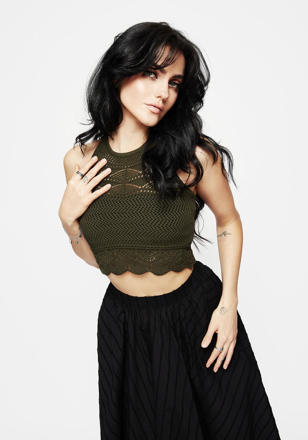 Hooked Pointelle Halter Crop Top - Green Product Image