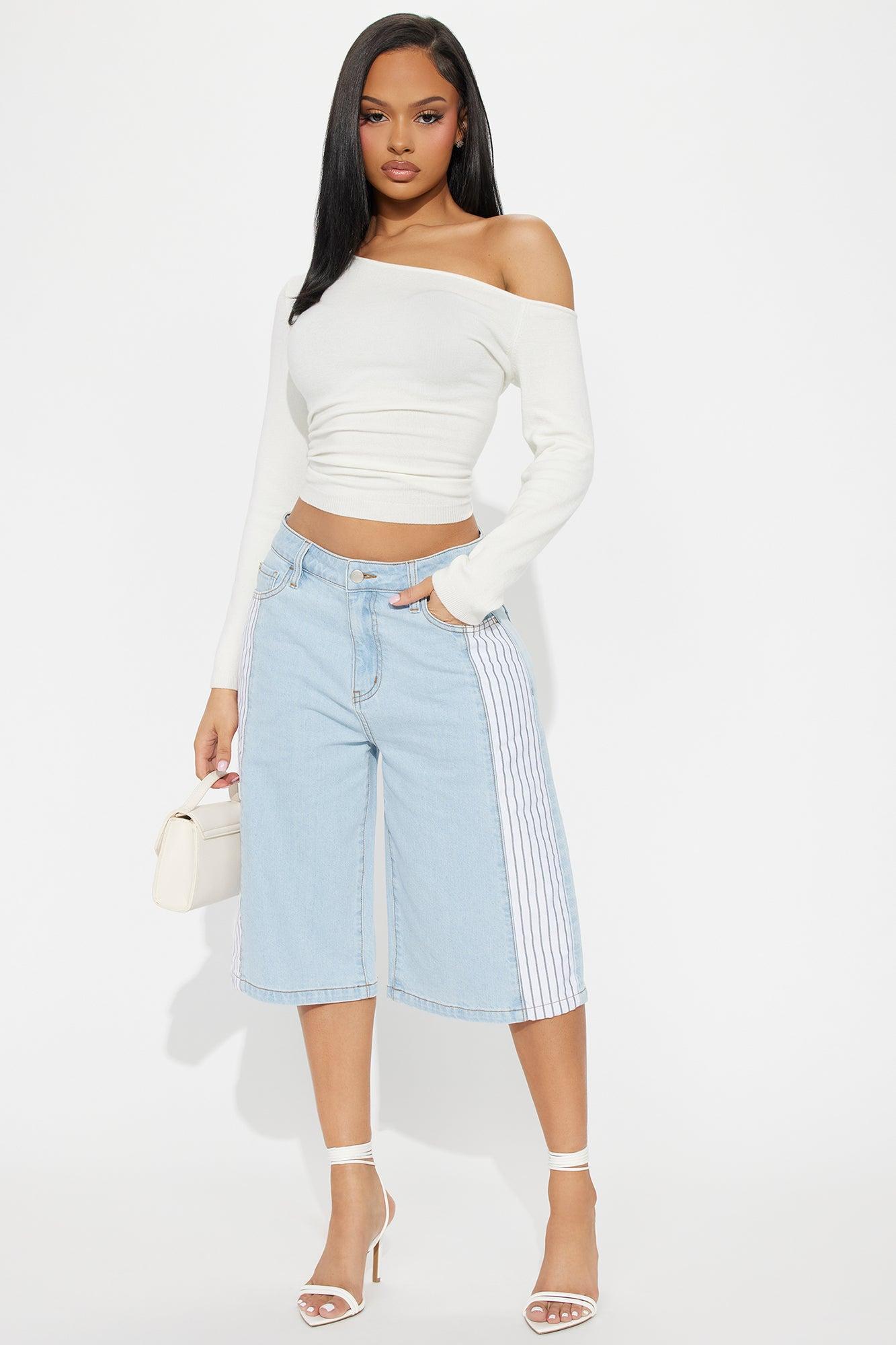 Xandi Non Stretch Stripe Denim Jorts - Light Wash Product Image
