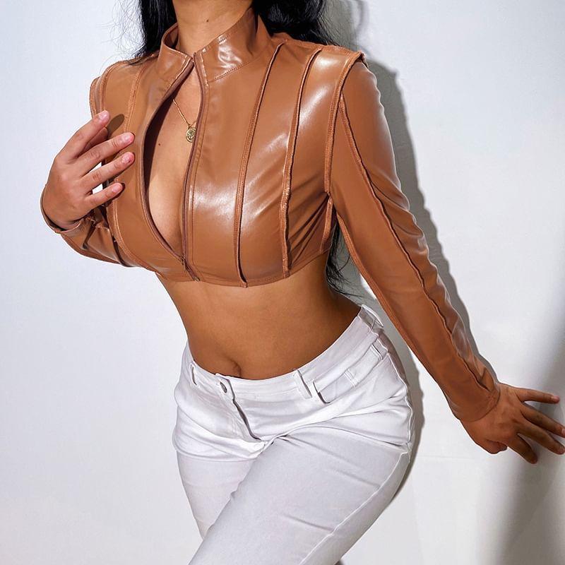 Stand Collar Plain Faux Leather Crop Zip Jacket Product Image