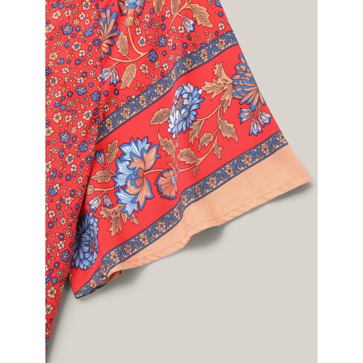 Plus Size Raspberry Floral Print Neck Tie Half Sleeve Blouse Women Resort Short sleeve Notched collar Vacation Blouses BloomChic 18-20/2X Product Image