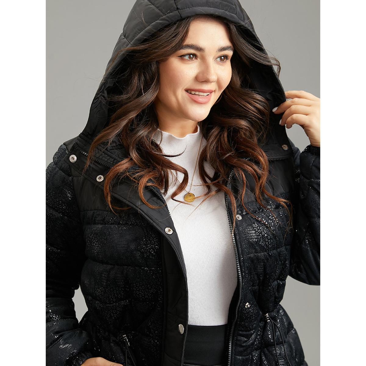 Plus Size Patchwork Drawstring Button Up Glitter Padded Jacket Women Black Lined Pocket Dailywear Jackets BloomChic 10/M Product Image