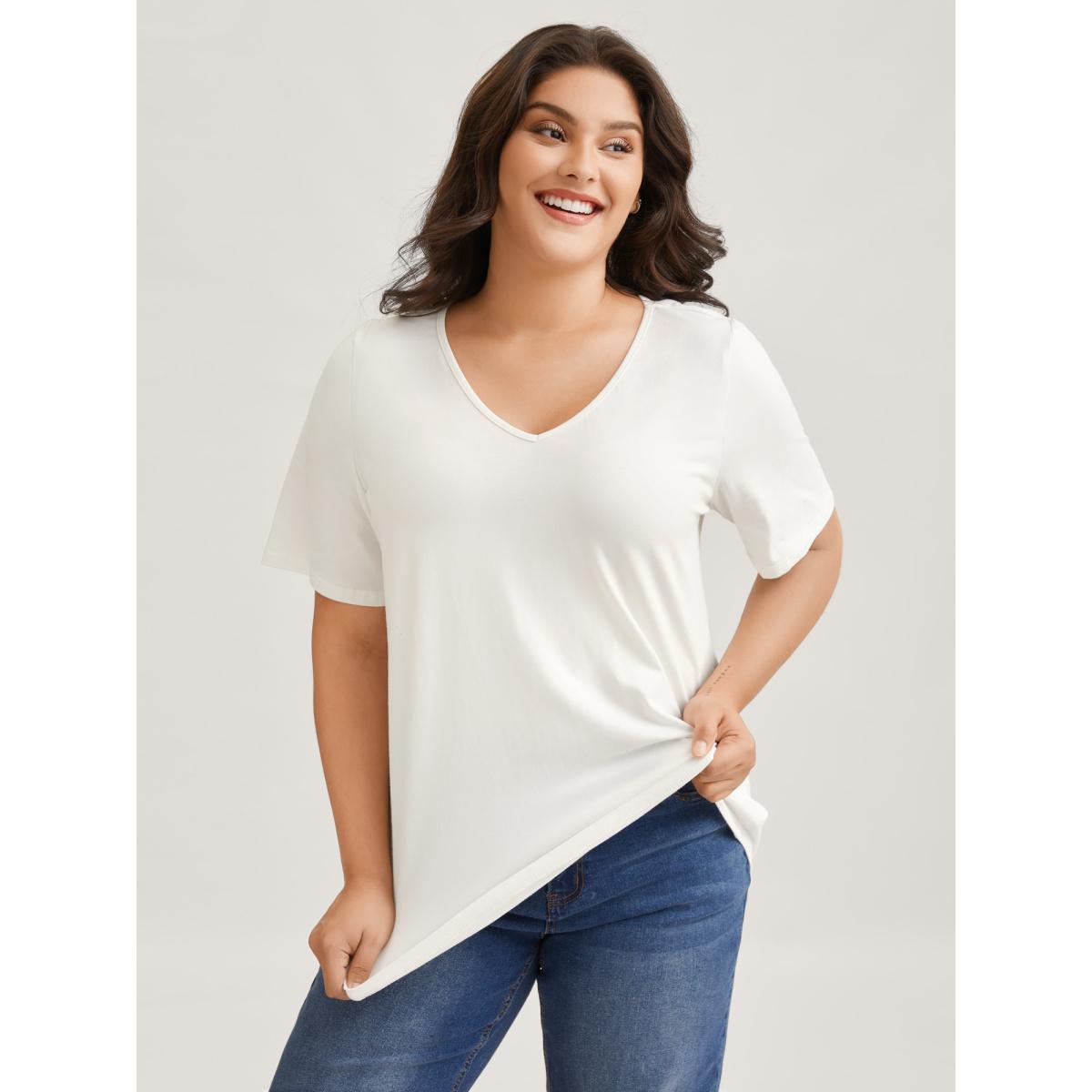Plus Size Cotton V Neck Plain Basic T-shirt White Women Basics Non Plain V-neck Everyday T-shirts BloomChic 28/5X Product Image